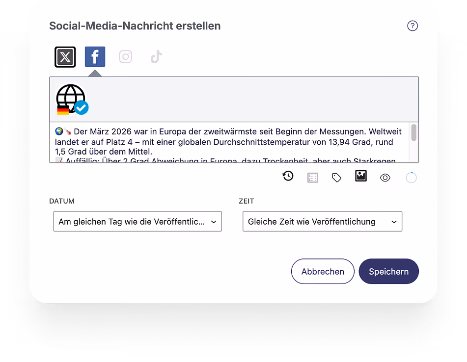 Dialogfenster zur Erstellung einer Social-Media-Nachricht mit Datum-, Zeit-Einstellungen und Speicherbutton.