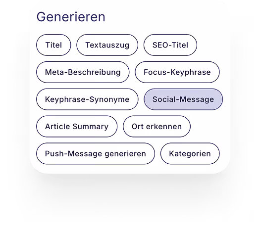 Benutzeroberfläche mit Schaltflächen für das Generieren von Text wie Titel, Meta-Beschreibung, Kategorien und Social-Message.