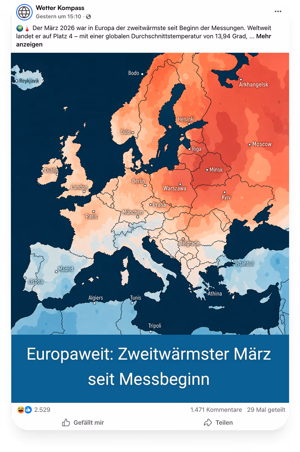 Wärmekarte von Europa zeigt März 2026 als zweitwärmsten seit Messbeginn mit roten und blauen Zonen.