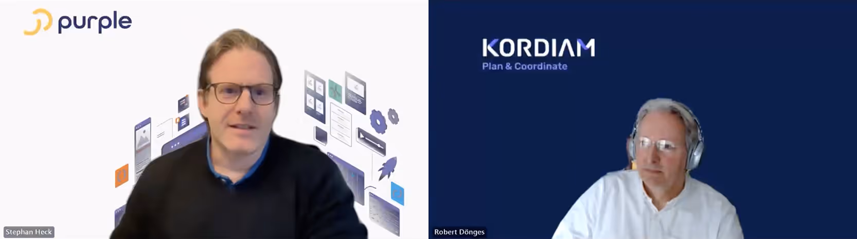 Zwei Männer videokonferieren, einer vor Purple-Logo, der andere vor Kordiam-Logo mit Headset.