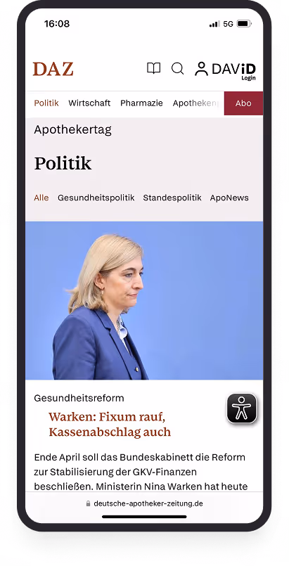 Porträt von Nina Warken vor blauem Hintergrund auf einer Nachrichten-Webseite zur Gesundheitspolitik.