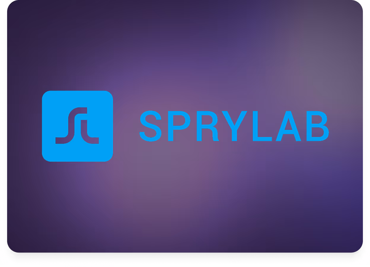 Blaues SPRYLAB-Logo mit Symbol auf violettem Hintergrund.