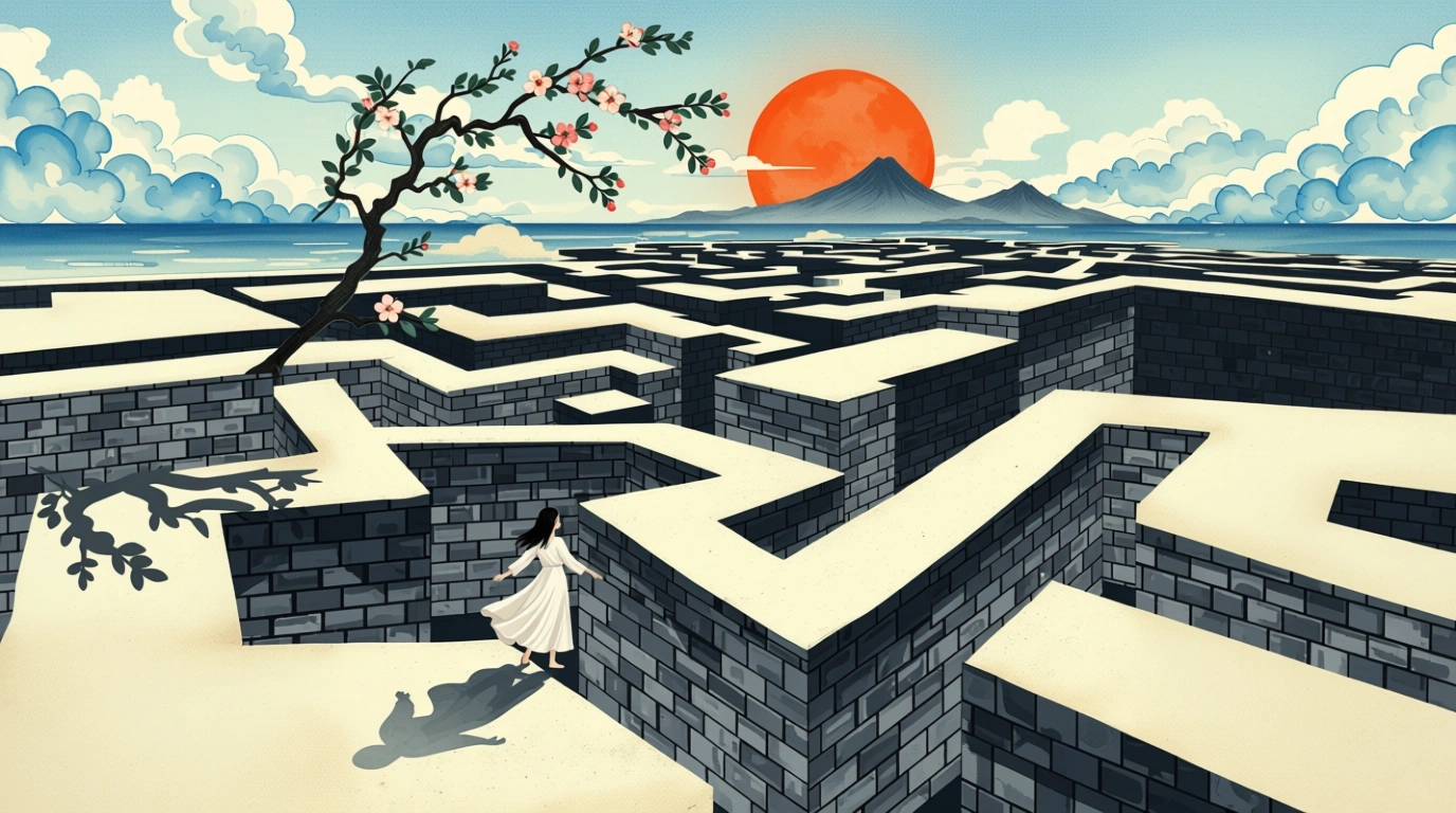 Illustration of a woman navigating a large maze beneath a red sun and distant mountains.