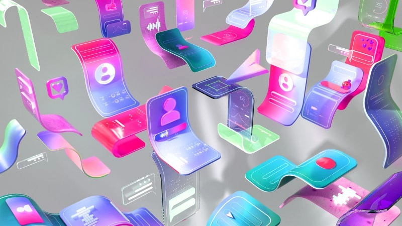 Abstract 3D illustration of colorful floating digital interfaces, profile cards, and communication panels.
