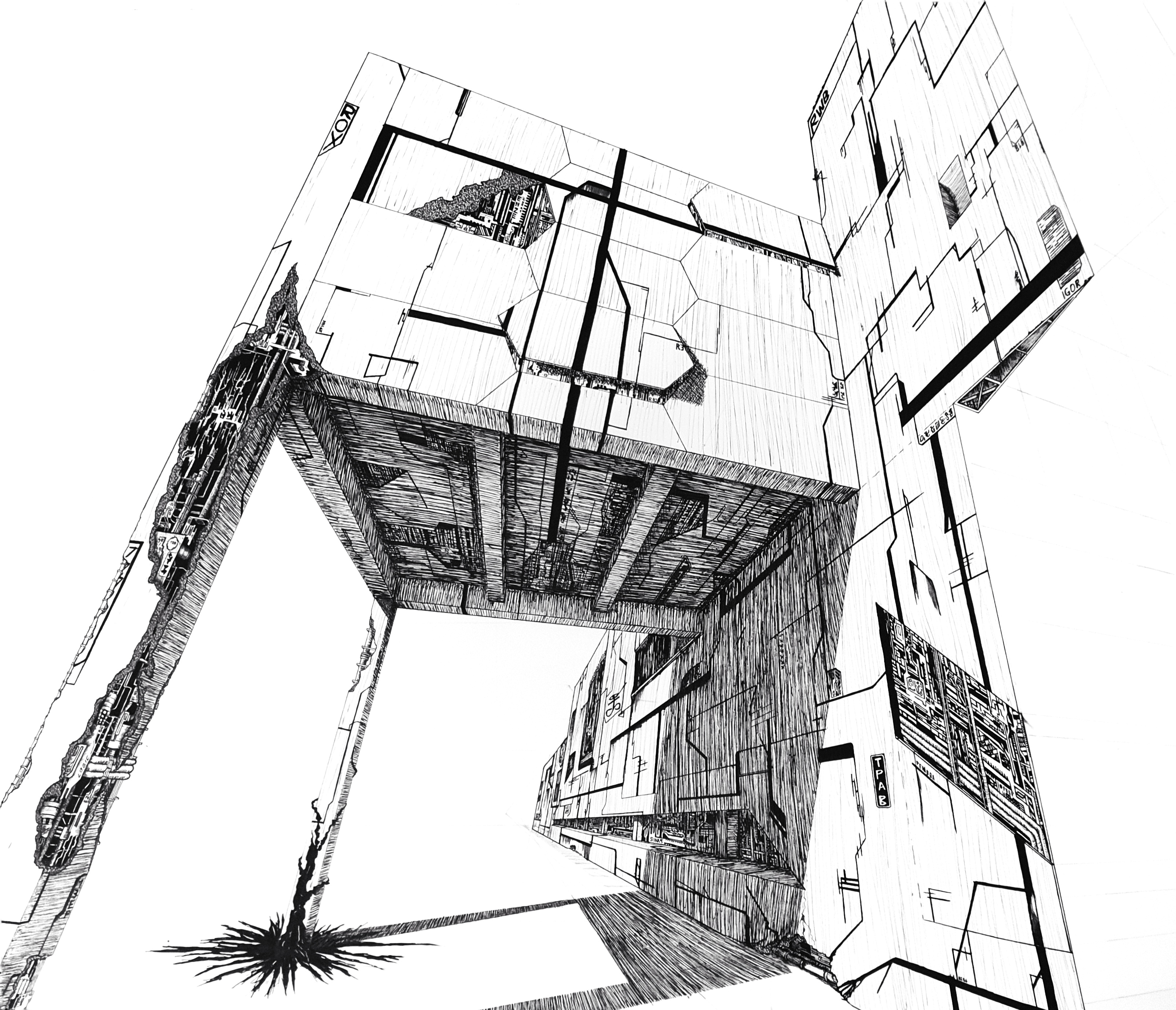 Detail of abandoned architecture and liminal-space motifs referenced in U01