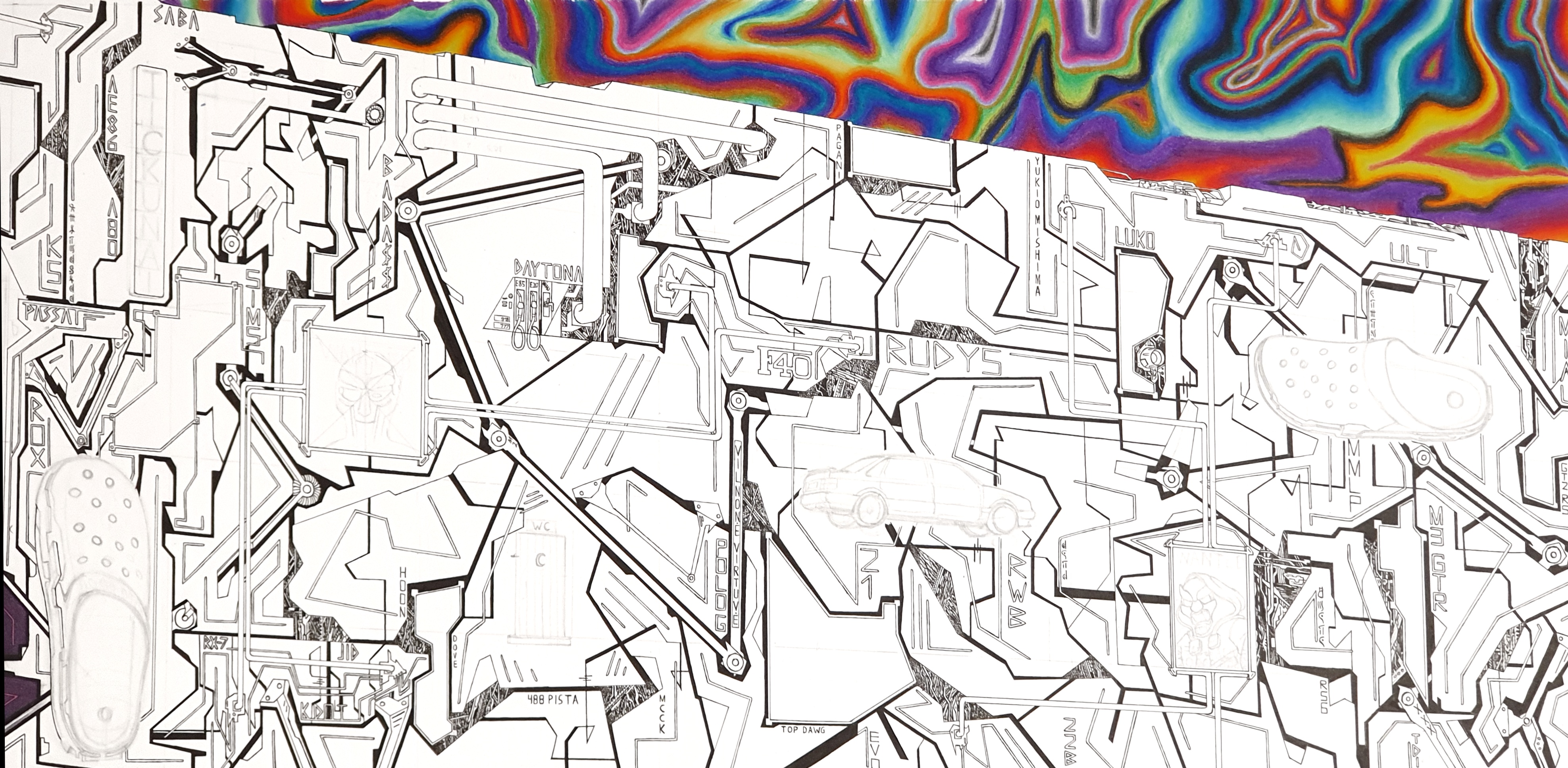 Close-up of writing and references embedded in the 0B3 drawing
