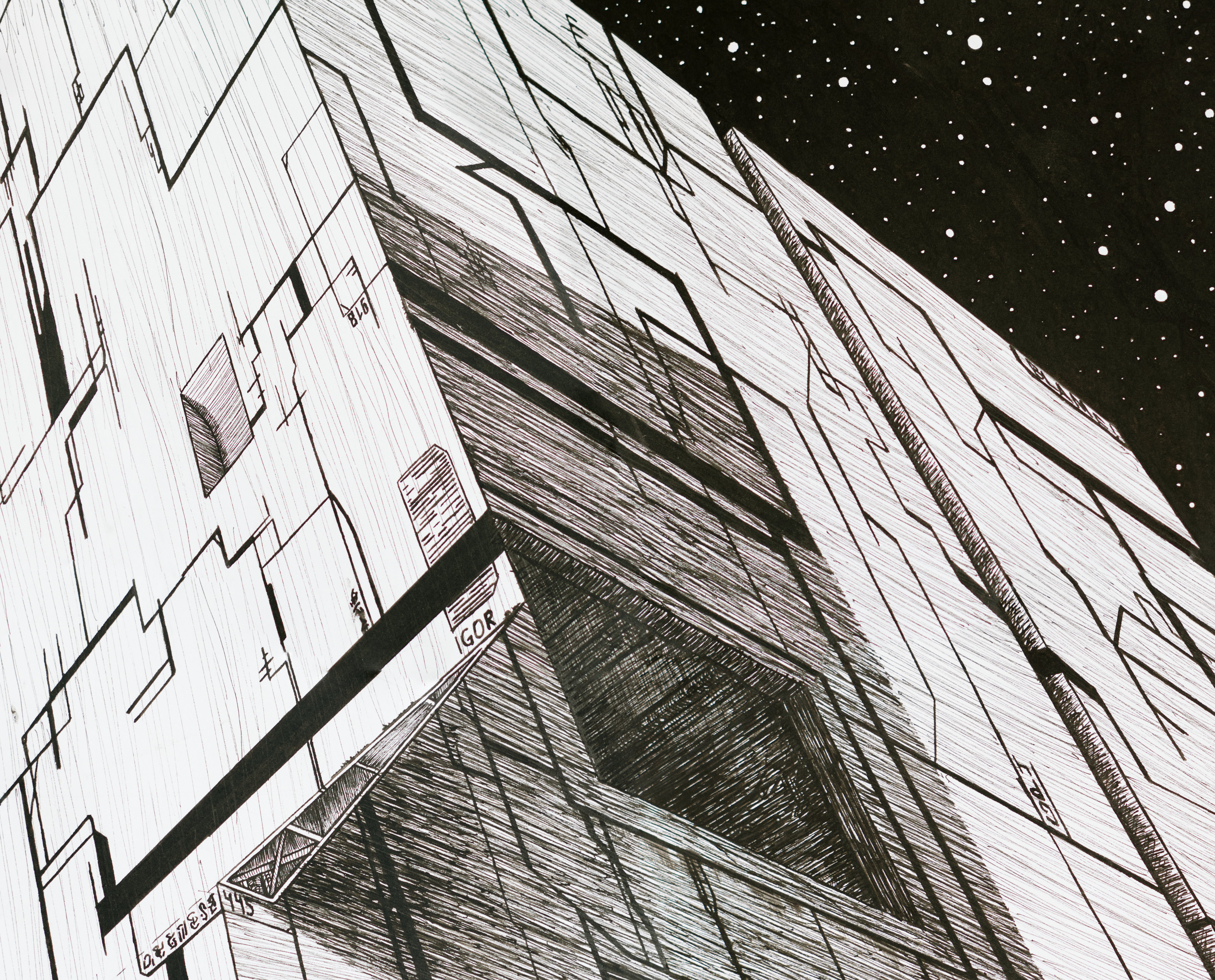 Close-up of unipin liner and ink linework in the U01 drawing