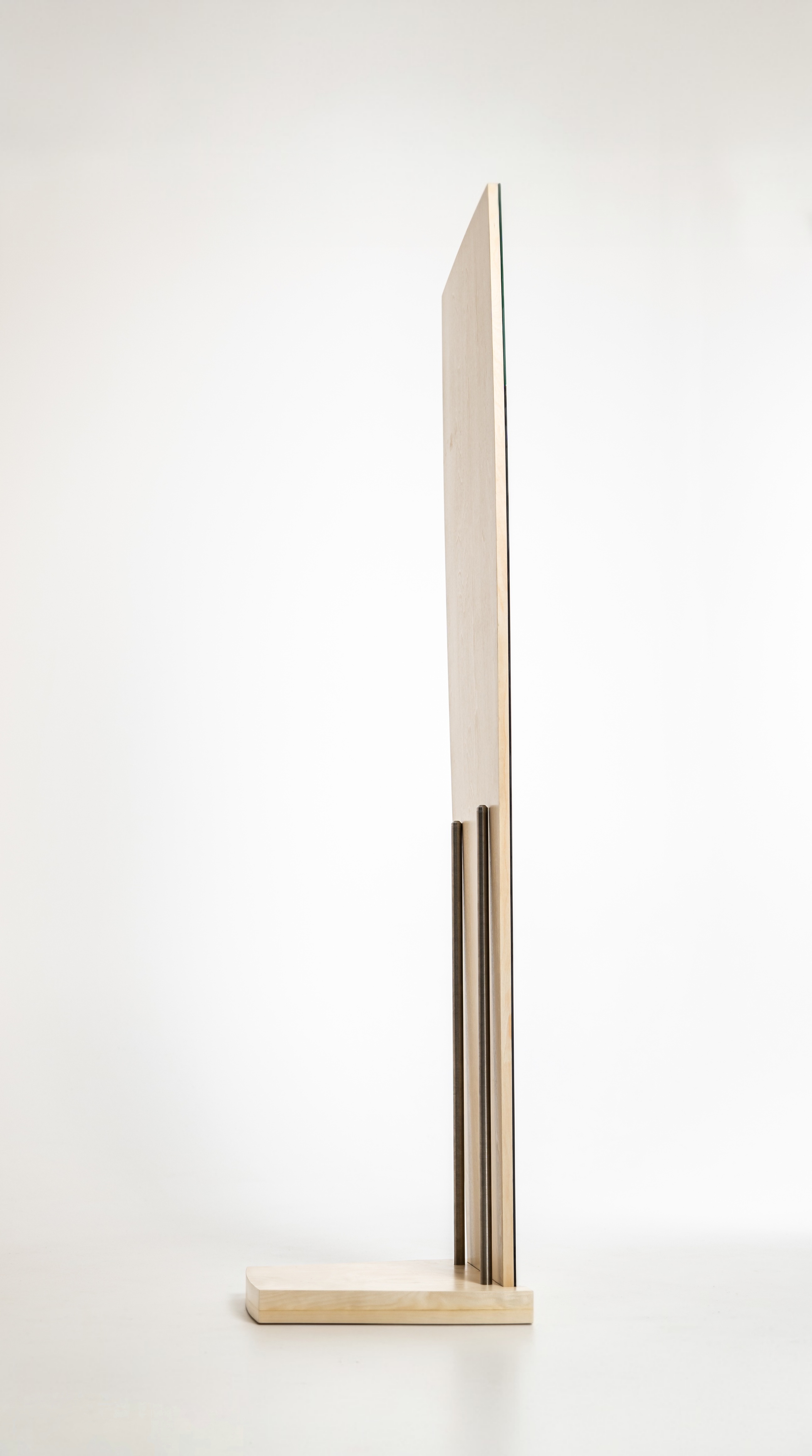 V05 mirror with whitened birch plywood backing and stainless steel stand