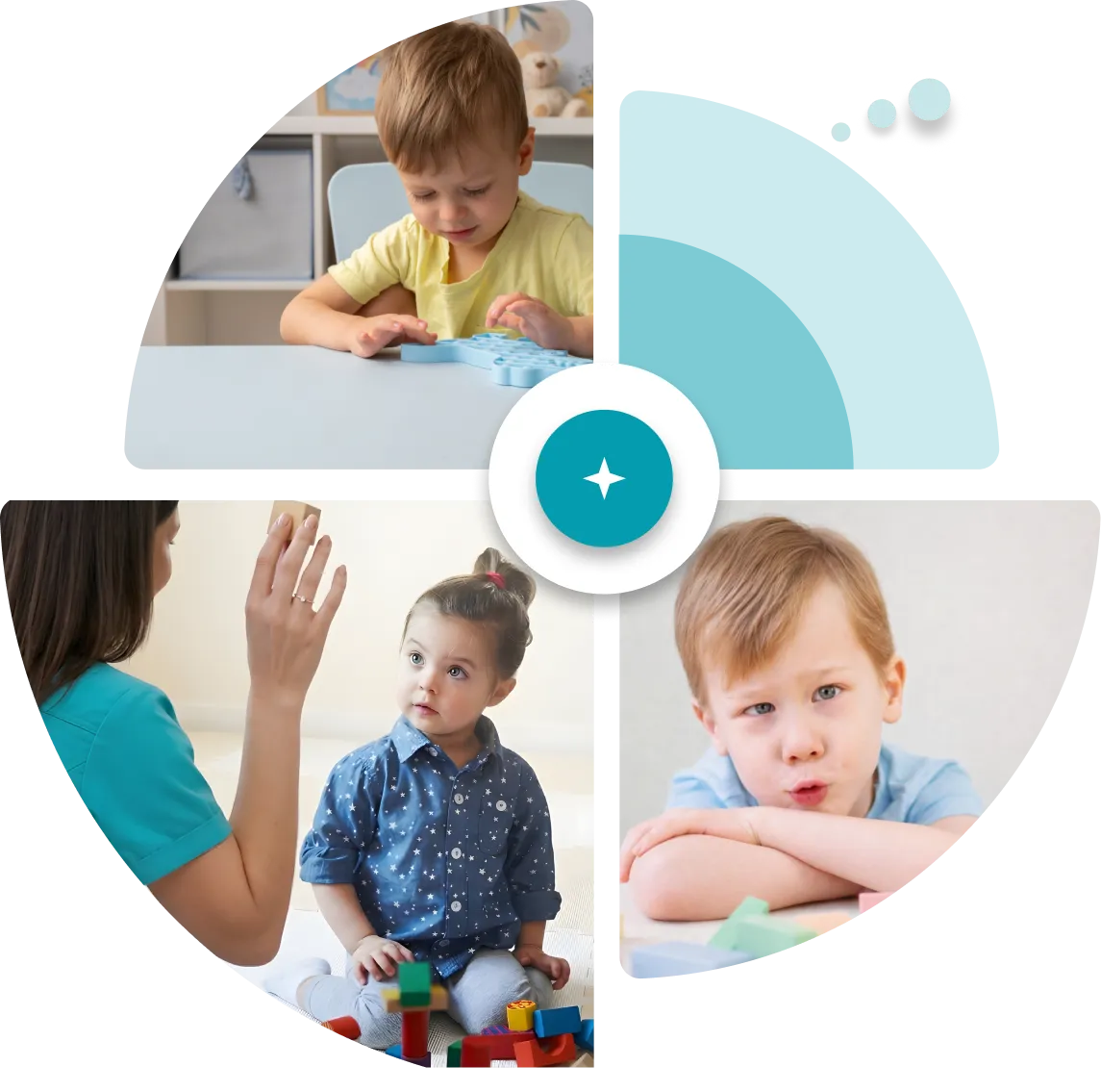 Slika koja prikazuje u vidu kolaža decu u radu sa defektologom