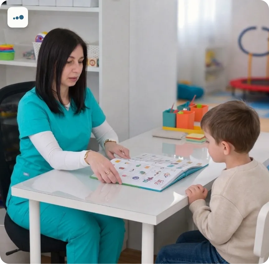 defektolog u radu sa dečakom za stolom