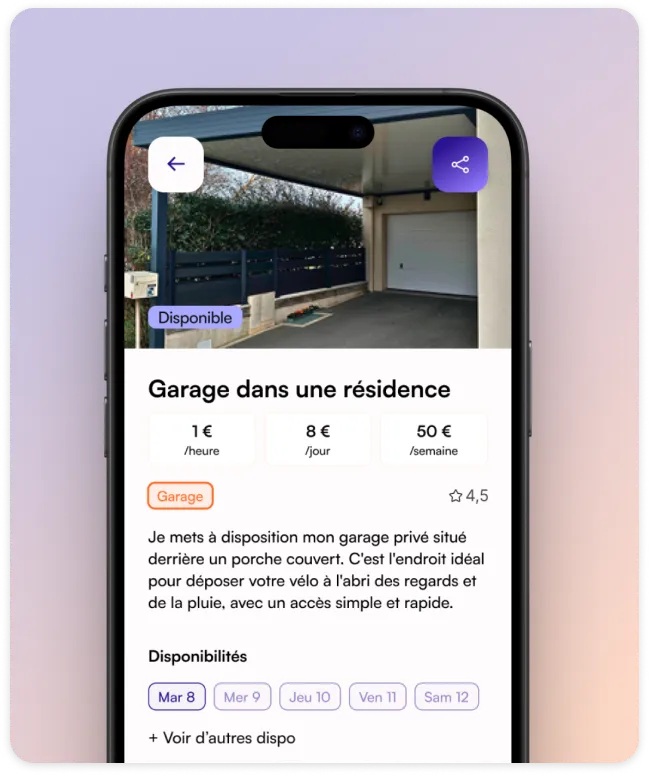Écran de téléphone avec un exemple de d'un garage à louer