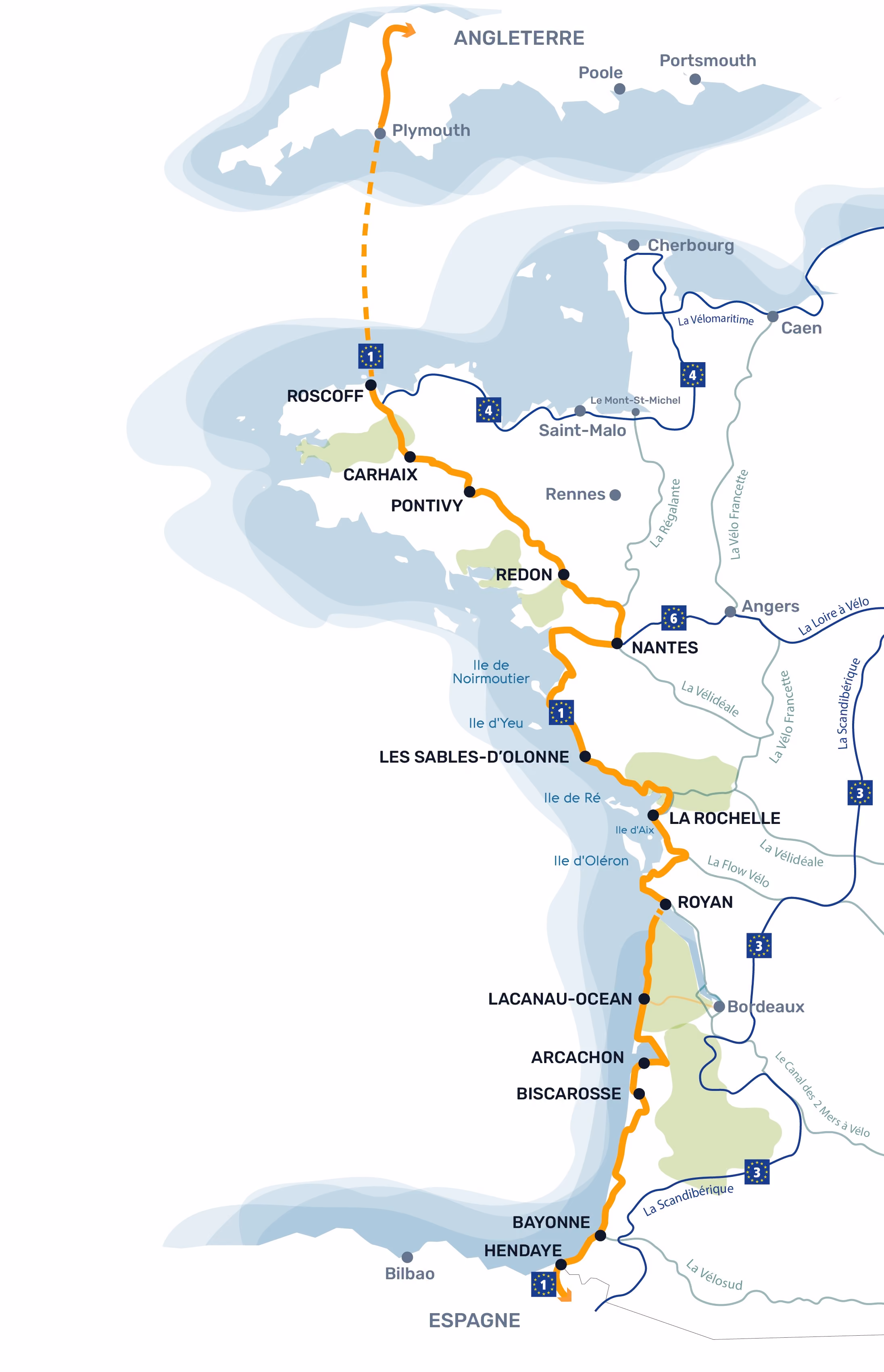 Présentation des 1300 km de l'itinéraire à vélo La Vélodyssée - Carte de  l'itinéraire