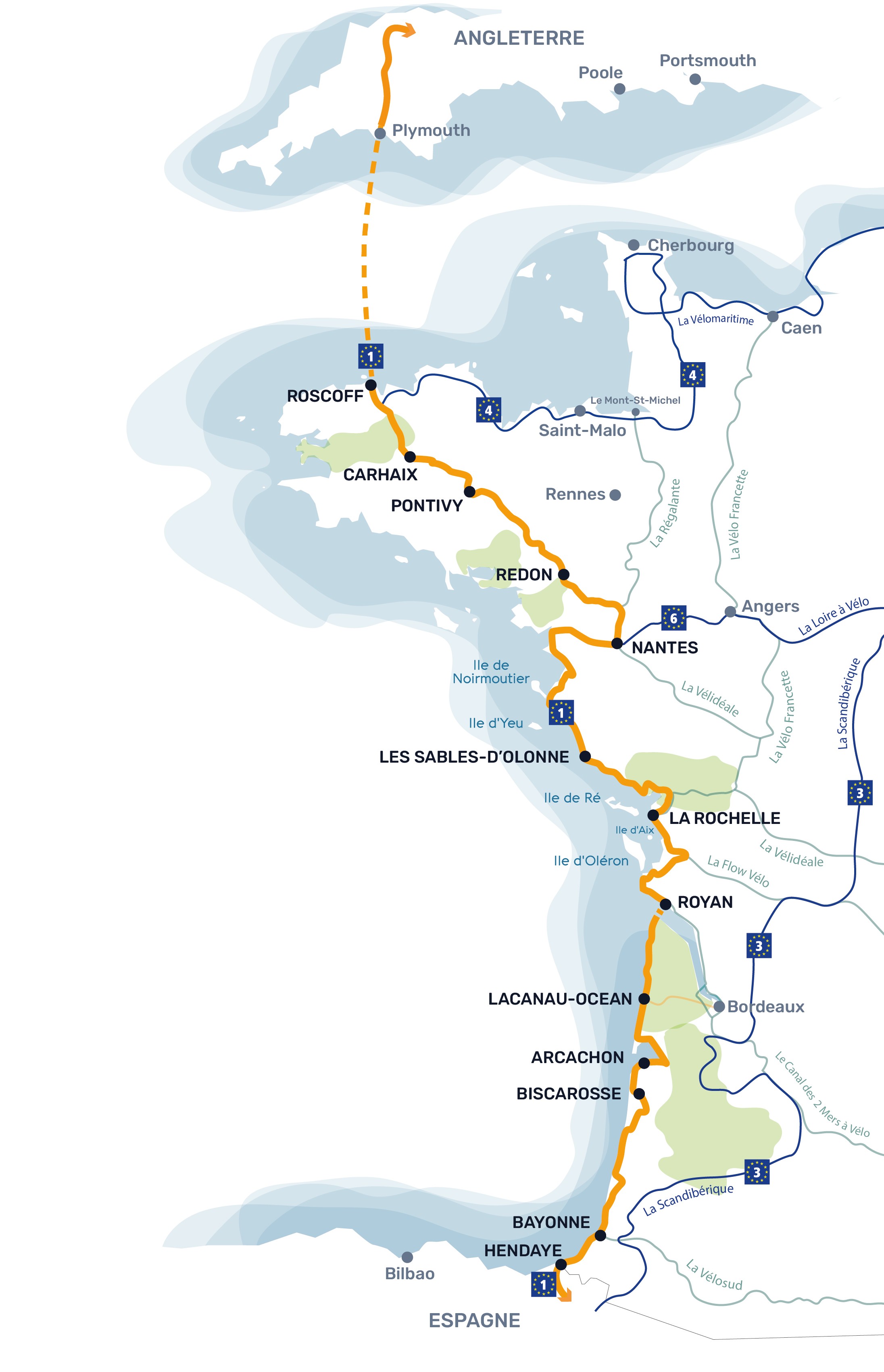 Présentation des 1300 km de l'itinéraire à vélo La Vélodyssée - Carte de  l'itinéraire