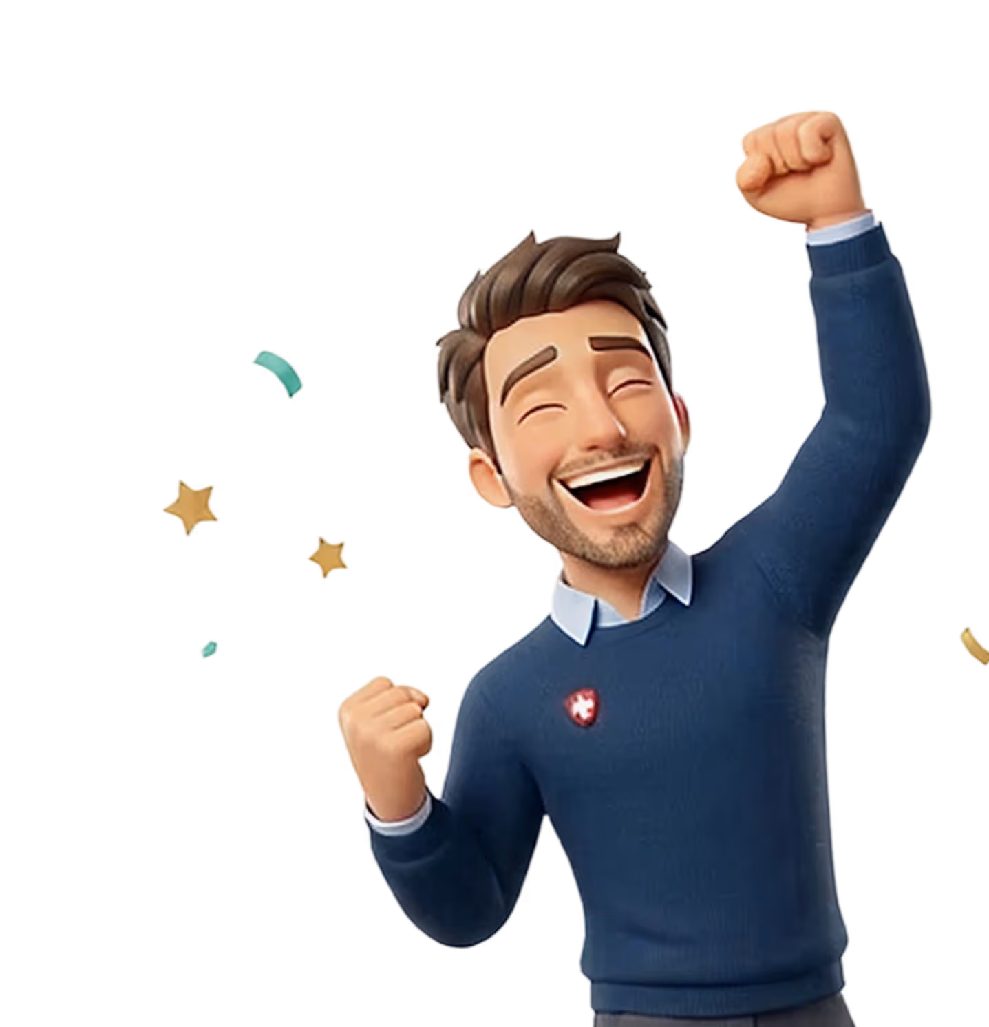 3D illustration of a smiling man with brown hair and beard, wearing a blue sweater, raising his fists in celebration.