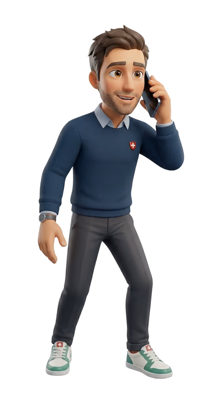 3D animated man with brown hair and beard wearing a blue sweater, gray pants, and green sneakers, talking on a smartphone.