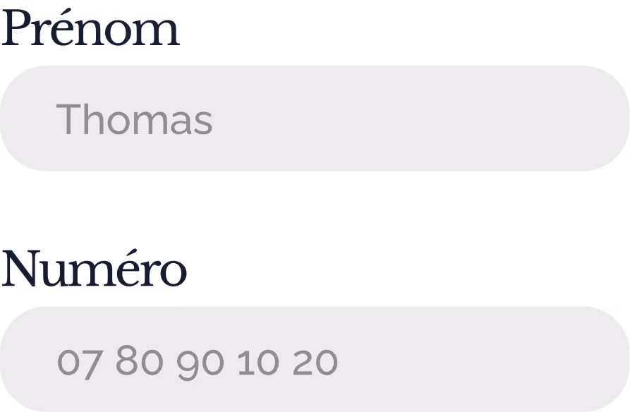 Form fields labeled Prénom with input 'Thomas' and Numéro with input '07 80 90 10 20'.