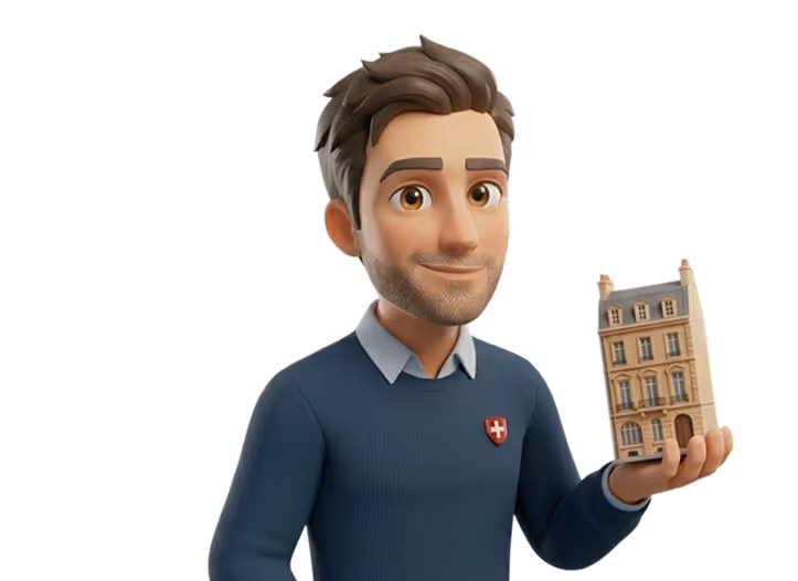 3D animated man with brown hair and beard wearing a blue sweater and holding a detailed model of a beige multi-story building.