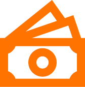 Orange icon of three stacked paper bills with a circular symbol in the center of the front bill.