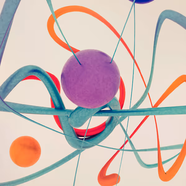 Abstract swirling 3D shapes in purple, orange, and teal on a light beige background.