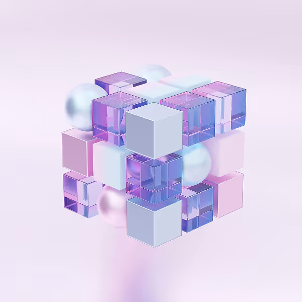 Floating 3D cube made of translucent and solid pastel pink, purple, and blue smaller cubes and spheres.