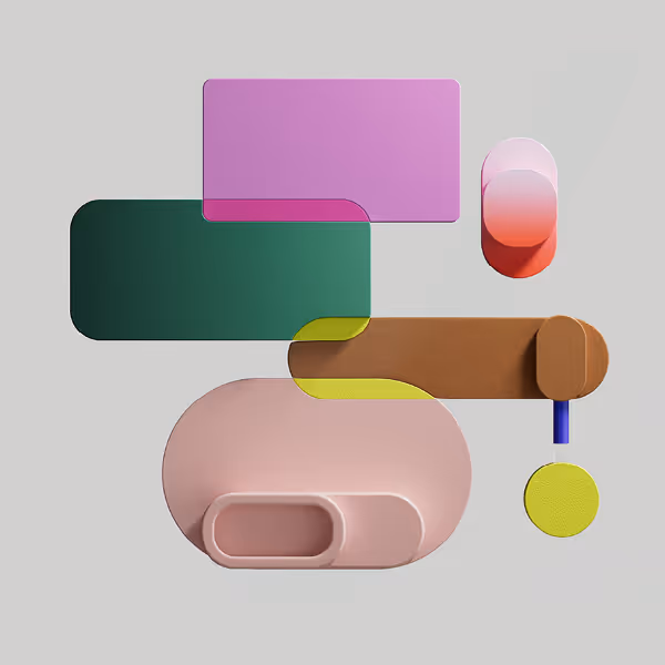 Abstract geometric shapes in pink, green, brown, red, yellow, and blue on gray background.