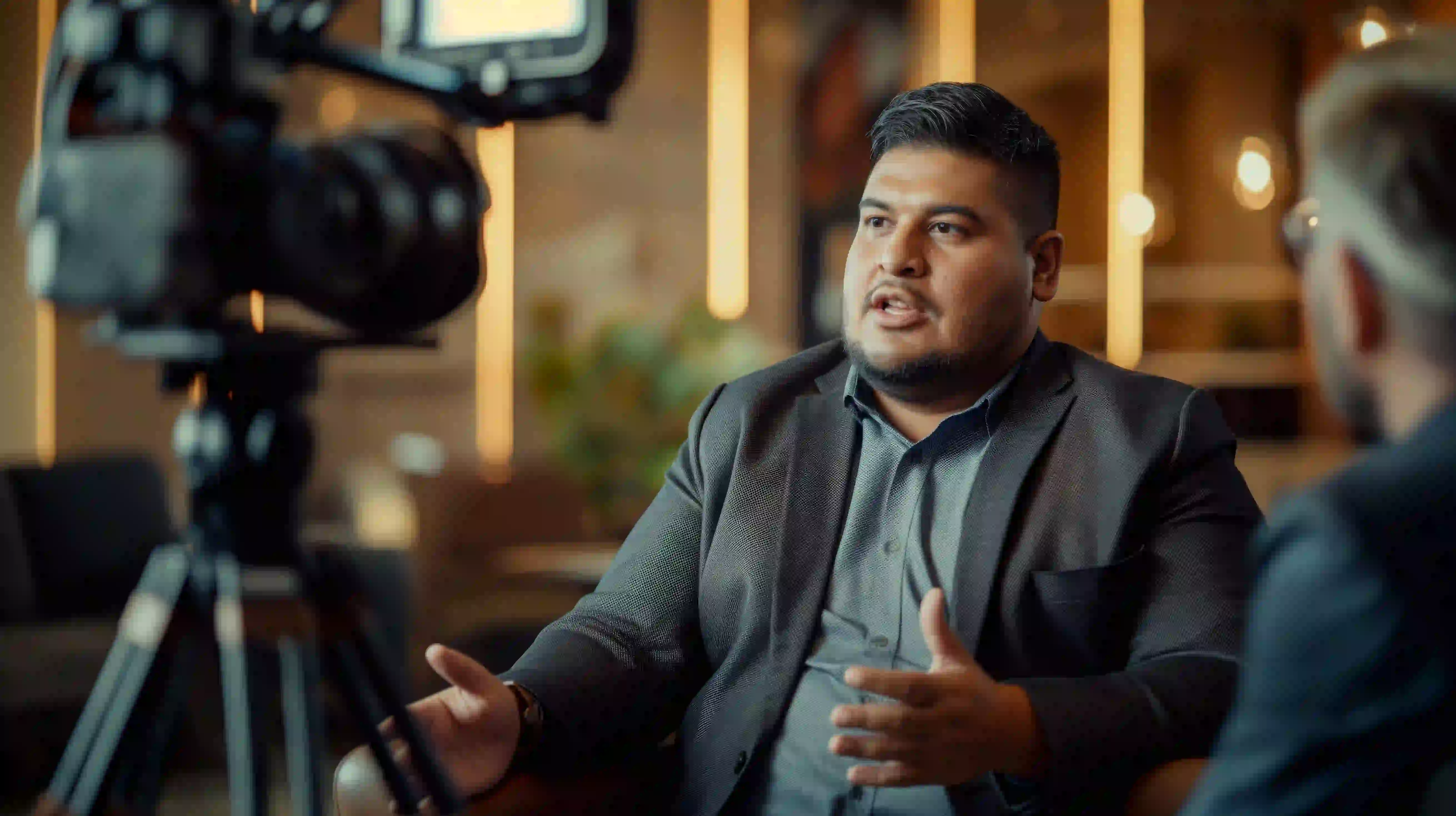 A man being interviewed on camera, demonstrating how one testimonial video shoot can be edited into many cuts for sales enablement and web distribution.