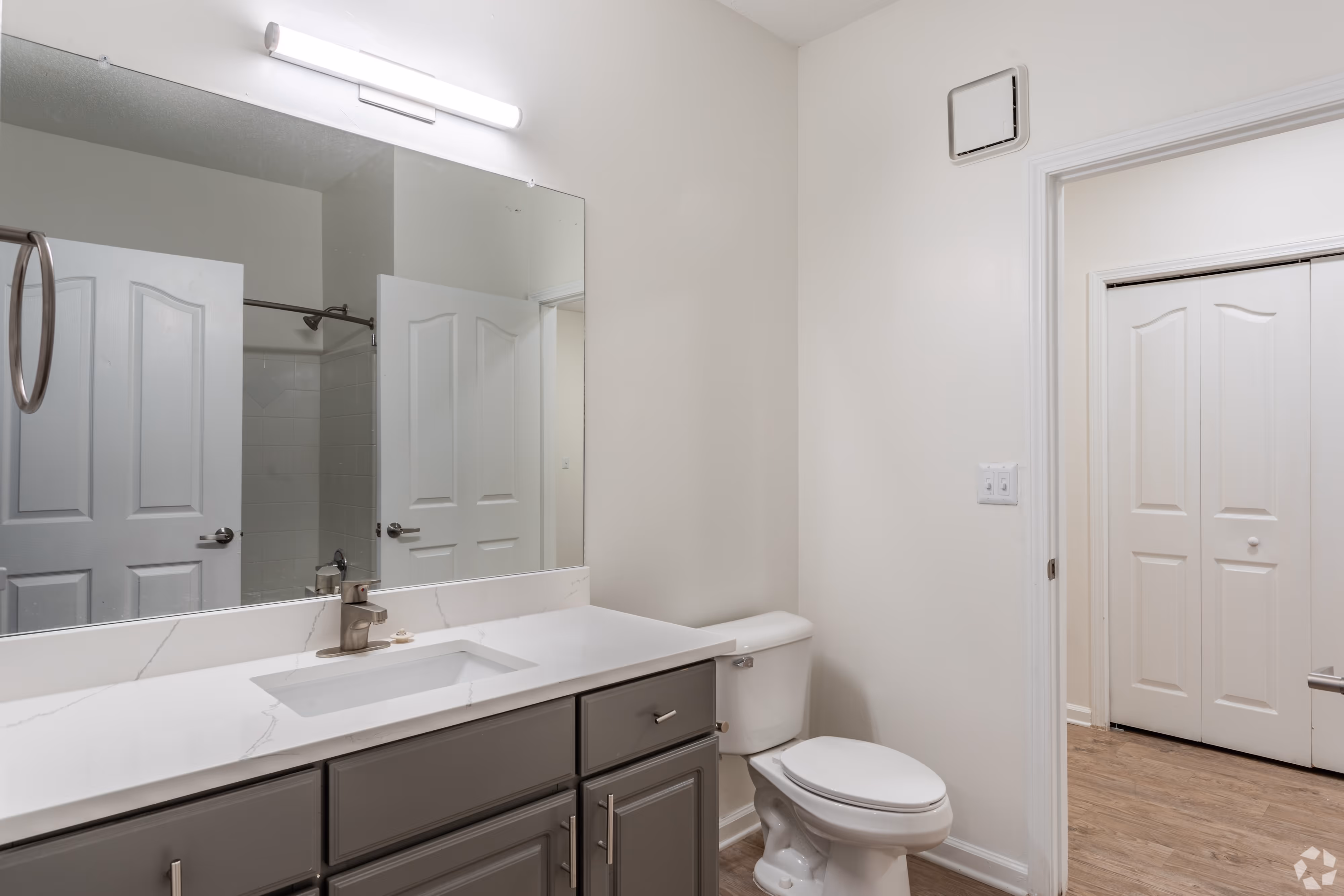 bathroom with gray cabinets