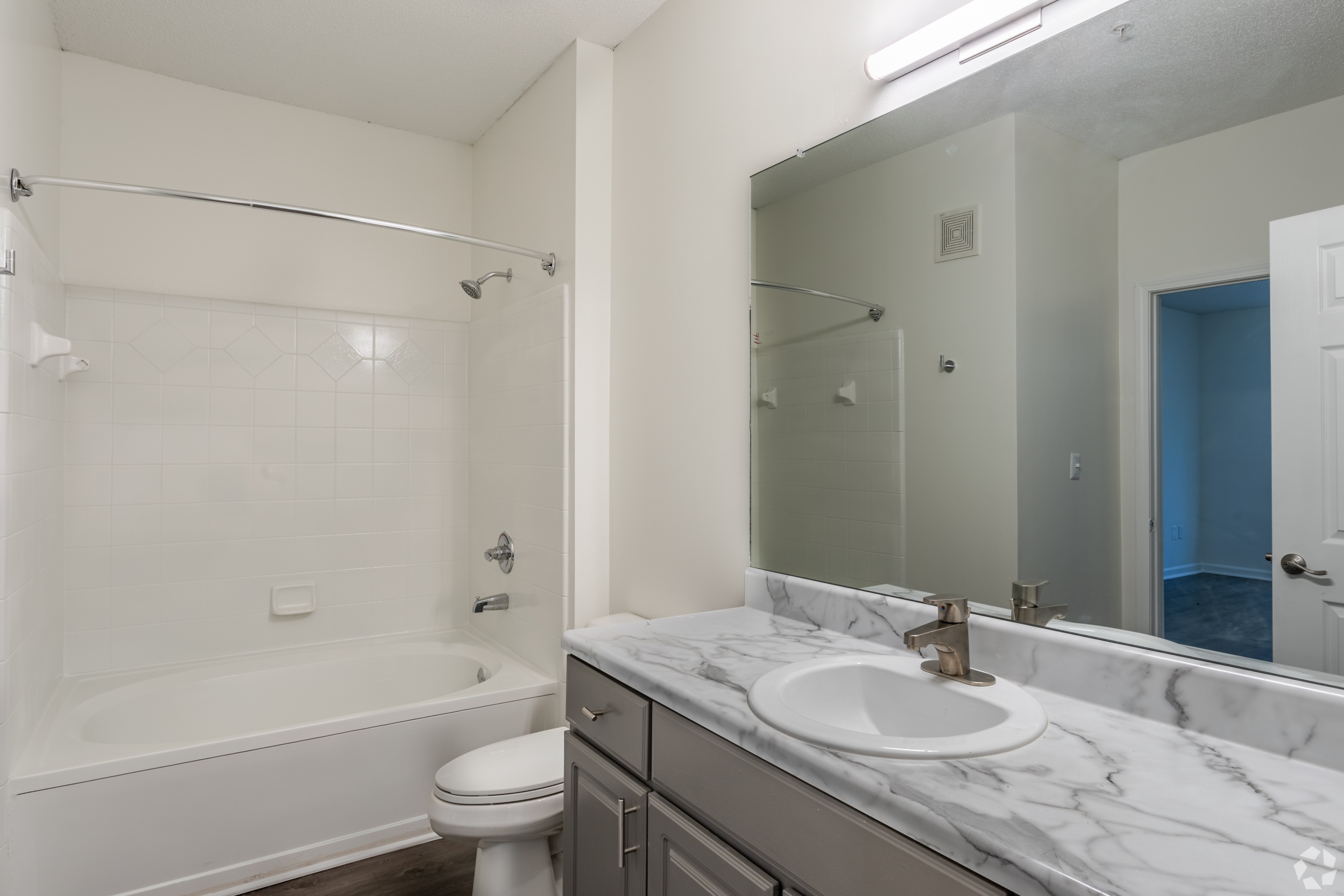 Bathroom with gray cabinets