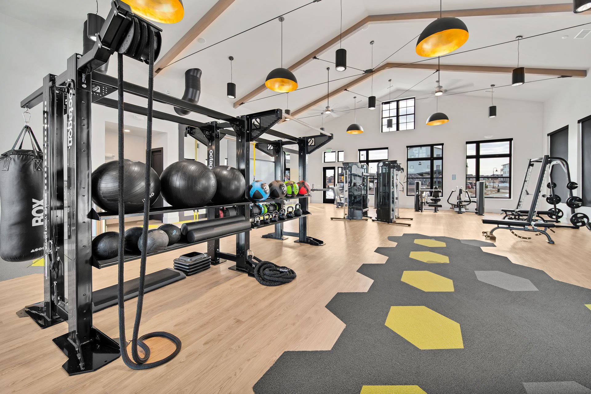 Fitness center with workout equipment and machines