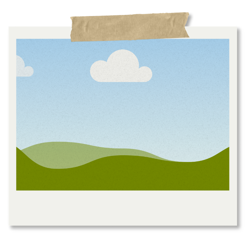 Paysage minimaliste avec des collines vertes douces et un ciel bleu clair avec quelques nuages blancs.