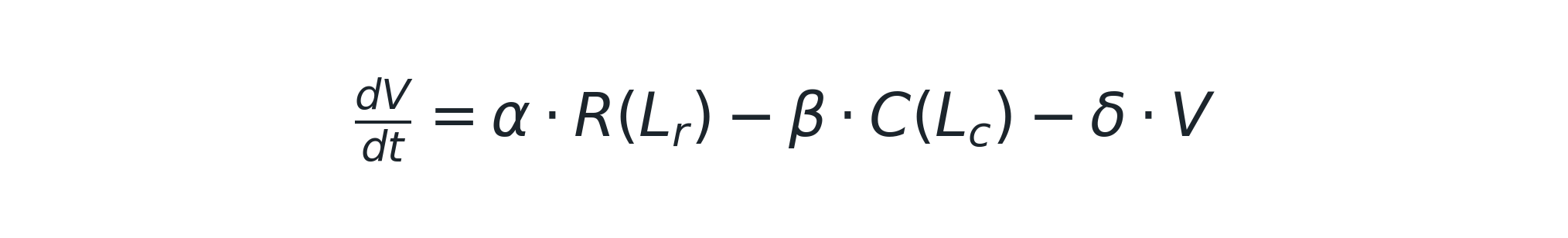 dV/dt = α · R(L_r) − β · C(L_c) − δ · V