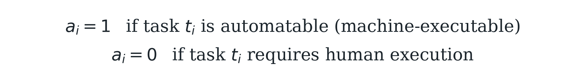 ai = 1 if task ti is automatable (machine-executable); ai = 0 if task ti requires human execution