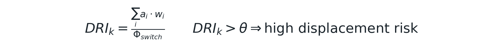 DRI_k = (Σi ai · wi) / Φ_switch; DRI_k > θ ⇒ high displacement risk