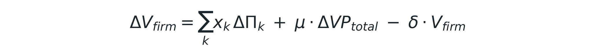 ΔV_firm = Σk xk ΔΠk + μ · ΔVP_total − δ · V_firm