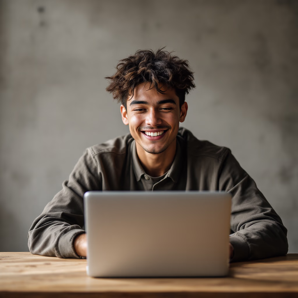 [headshot] image of satisfied student using a laptop, with modern simplicity emphasized
