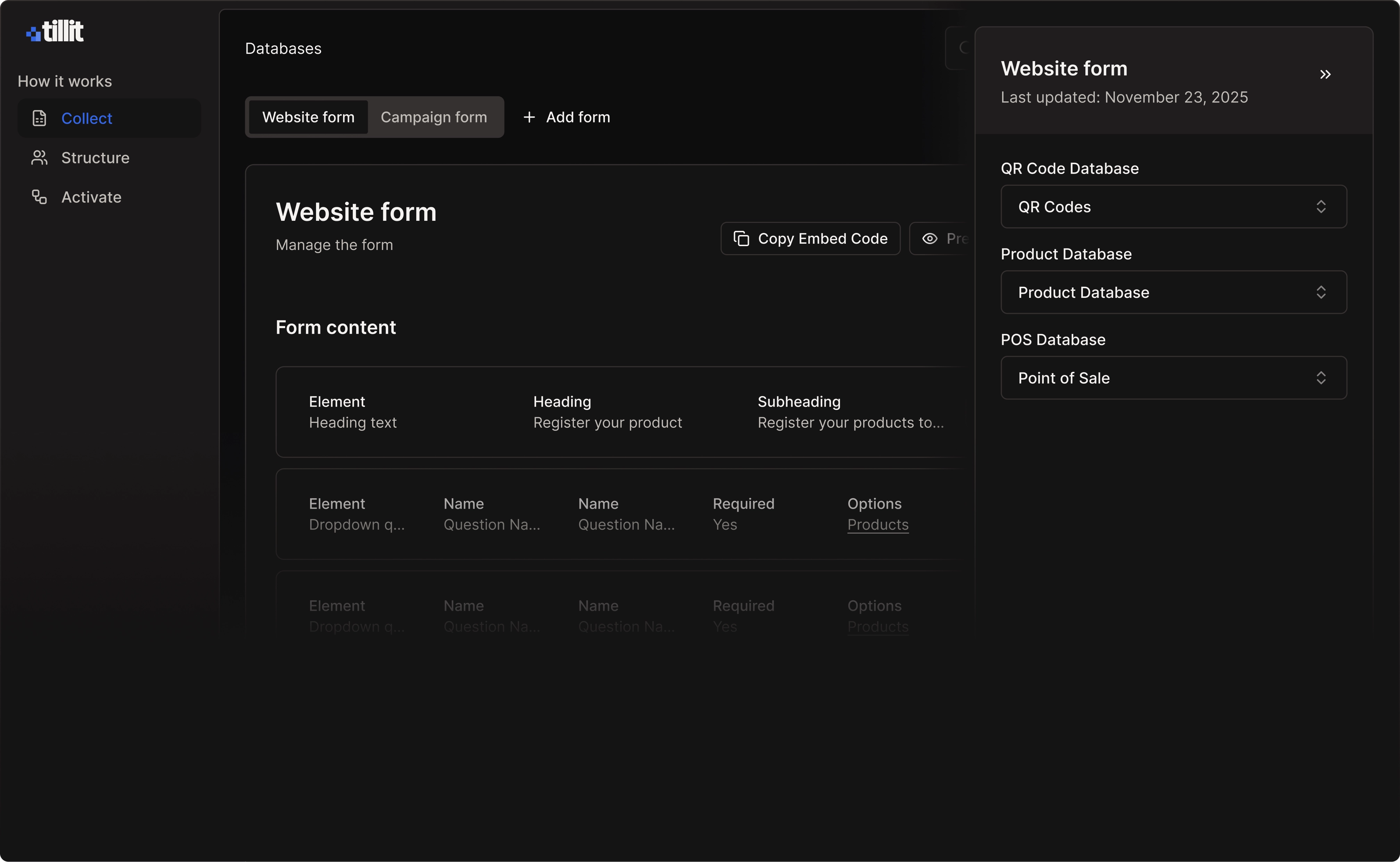Tillit dashboard showing the Collect section with a Website form builder. The main panel displays form content with dropdown question elements including heading, name, and required fields. A right sidebar shows database configuration options linking to QR Code, Product, and Point of Sale databases.