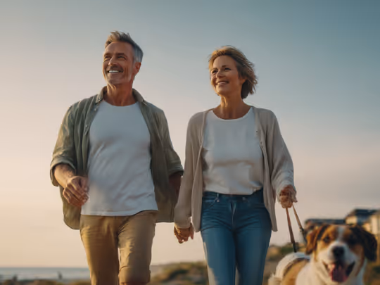 Smiling middle-aged couple holding hands and walking outdoors with their dog during sunset.