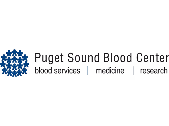 Puget Sound Blood Center logo with blue circular design and text highlighting blood services, medicine, and research.