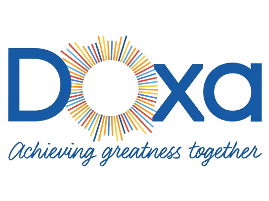 Doxa logo with multicolored radial lines forming the letter 'o' and the tagline 'Achieving greatness together' underneath.