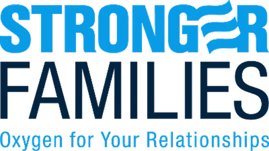 Logo with the text 'STRONGER FAMILIES Oxygen for Your Relationships' featuring blue and black lettering.