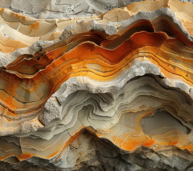 Close-up of layered rock formation showing orange, gray, and beige striations with textured patterns.