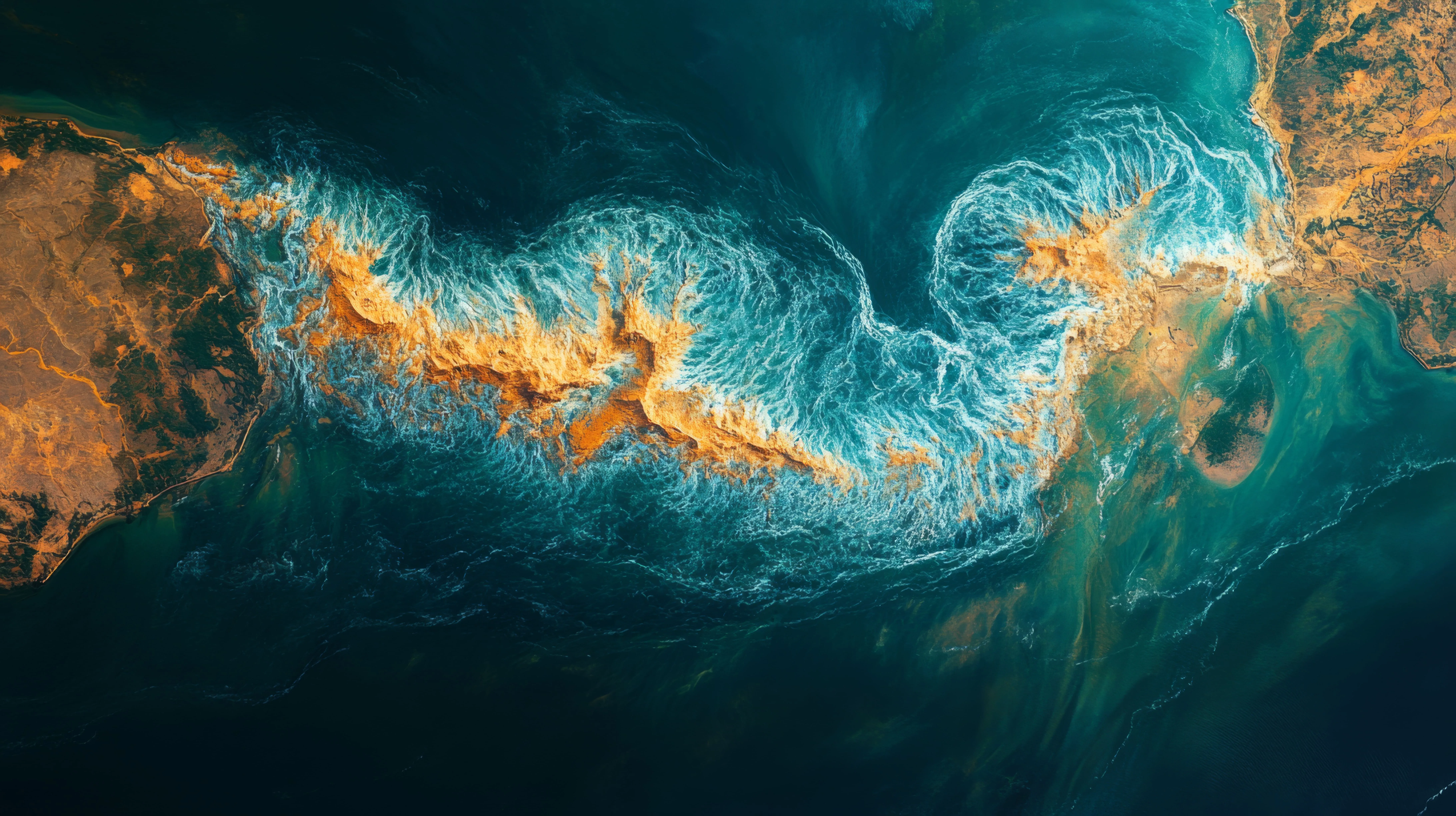 Aerial view of ocean waves crashing against a rugged coastline with golden brown land.