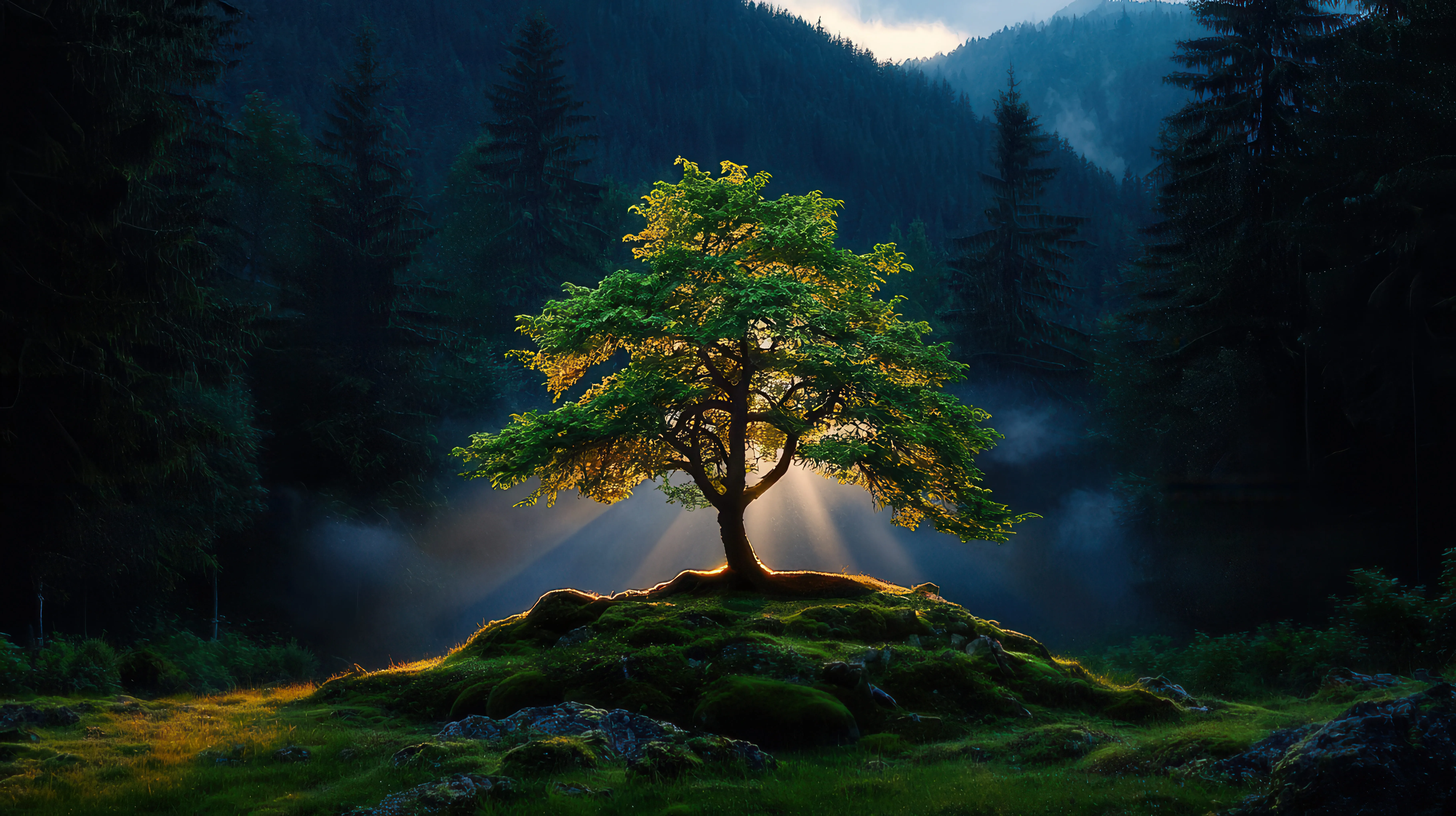 Sunlight shines through leaves of a lone tree on a mossy hill surrounded by dark forest and mountains.