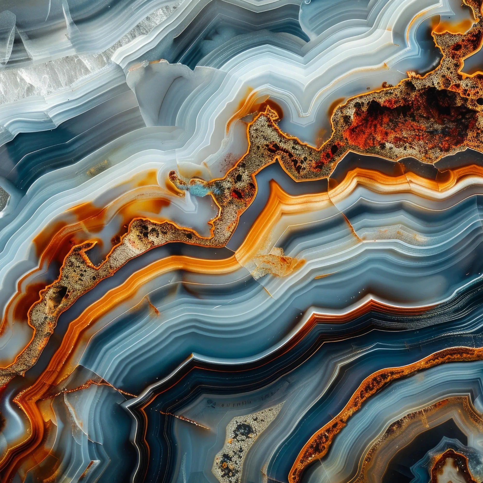 Close-up of blue and orange agate stone with layered bands and intricate patterns.