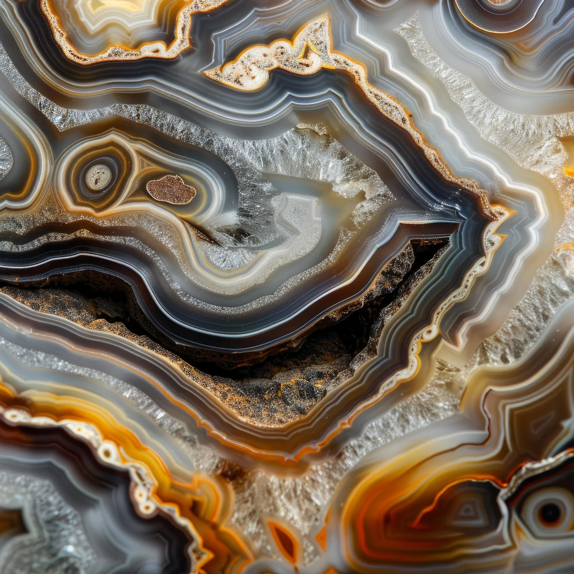 Close-up of a geode with intricate gray, brown, orange, and white mineral layers and crystal formations.