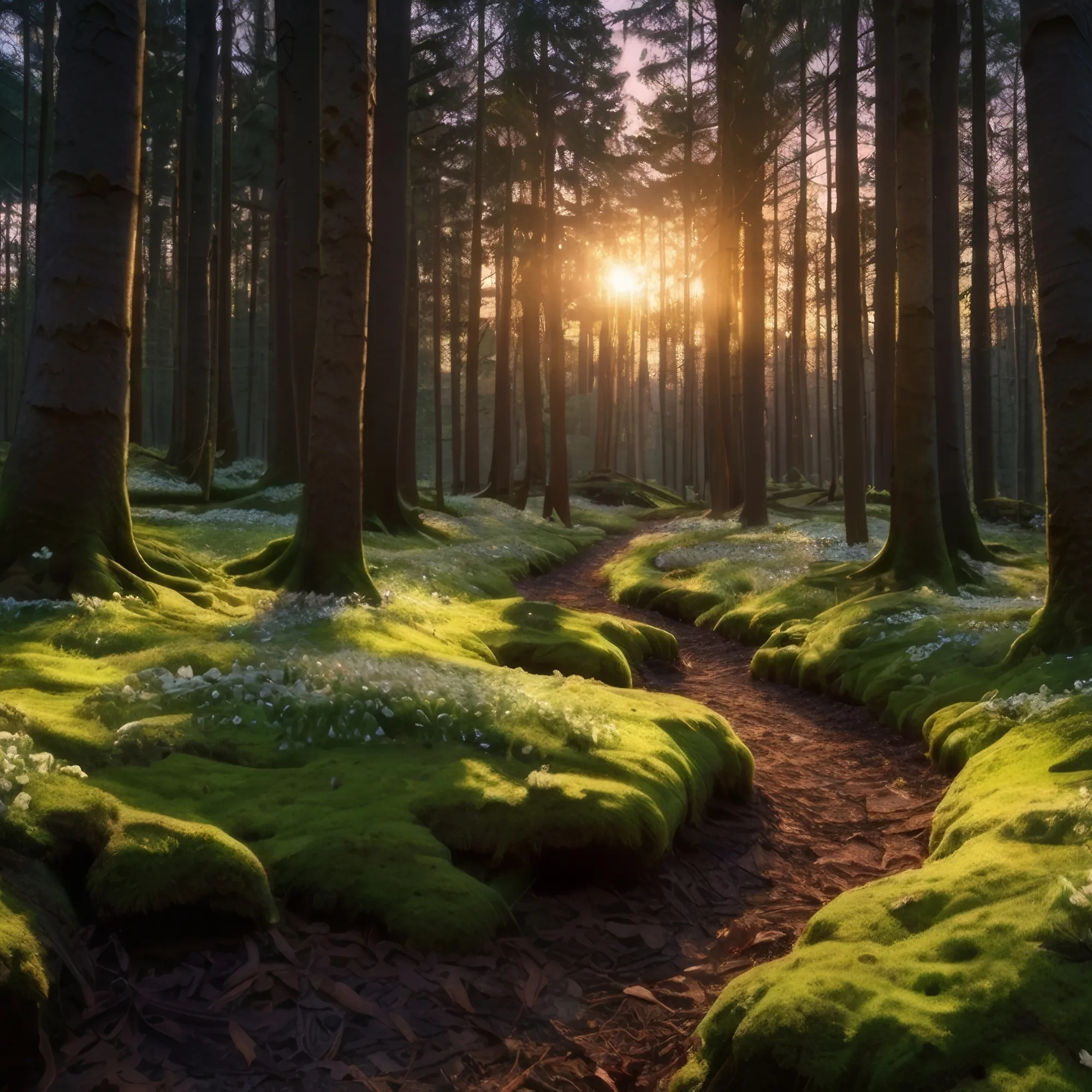 Sunlight shines through tall trees onto a mossy forest floor with a winding dirt path.