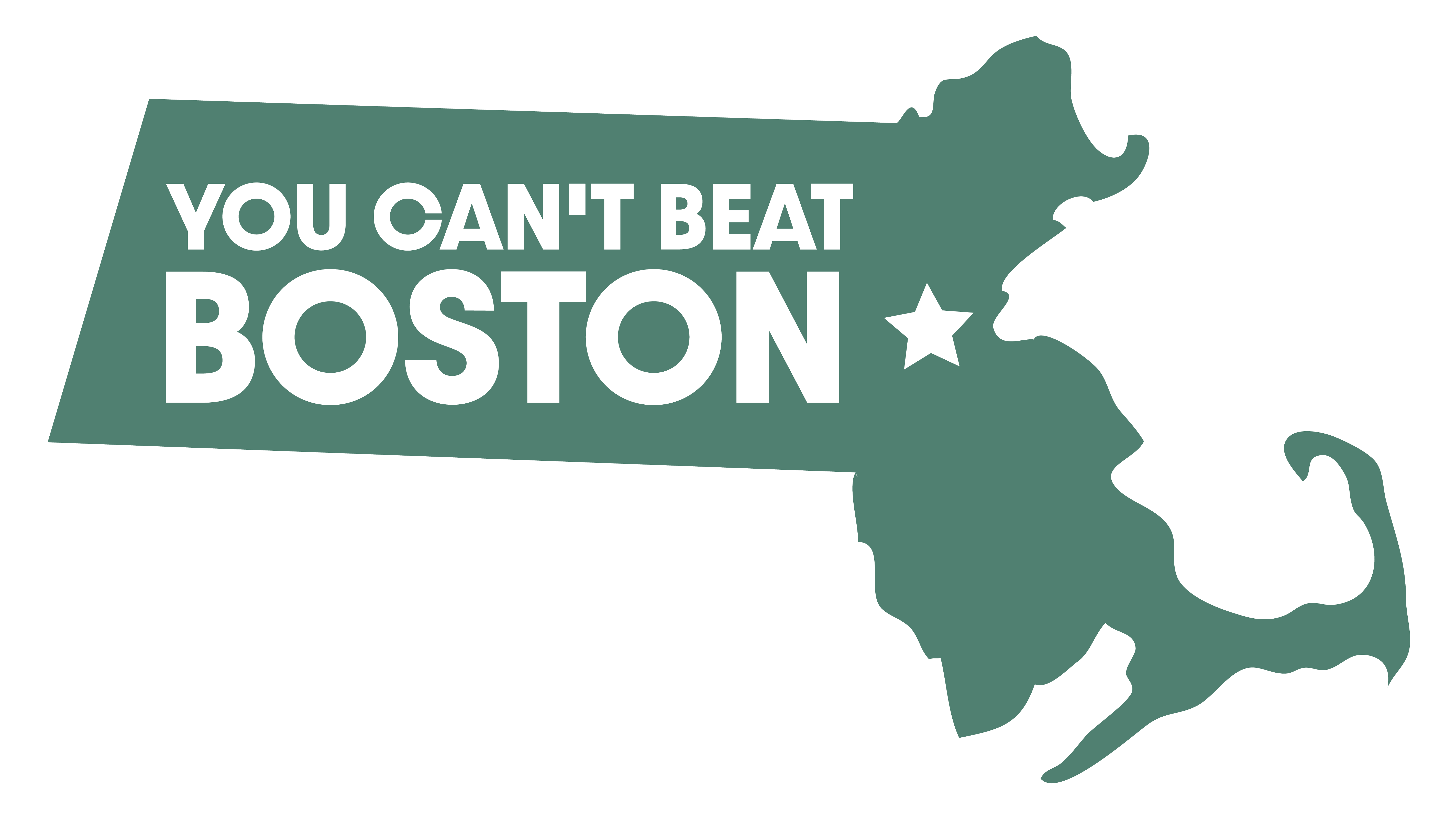 Logo that is outline of the state of Massachusetts. Says 'You Can't Beat Boston'