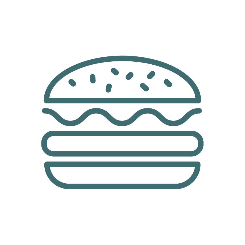 Simple line icon of a hamburger with sesame seed bun and patty.