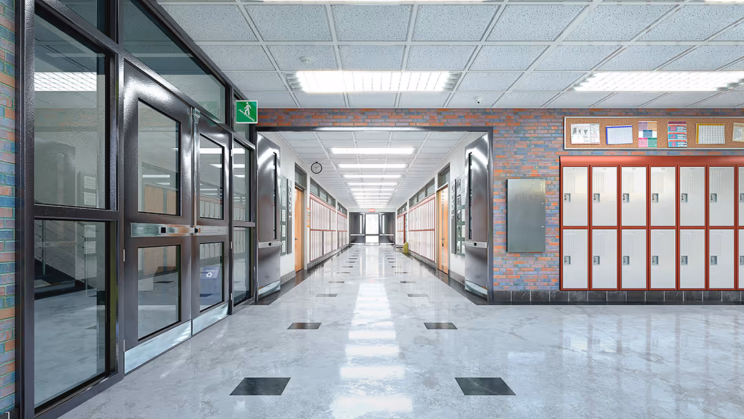 A bright, empty school hallway.