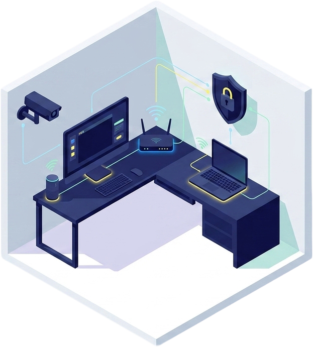 Isometric illustration of a connected home office workspace